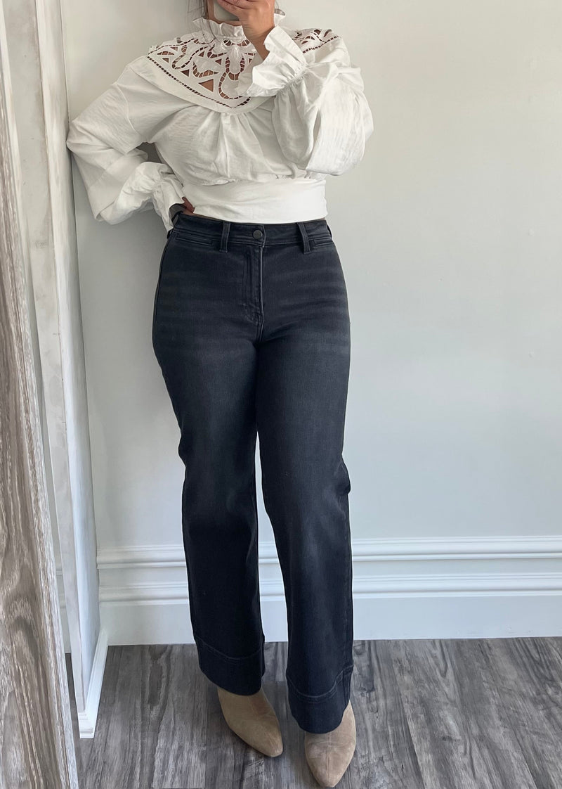 Black Mia Vintage Wash Wide Leg Denim