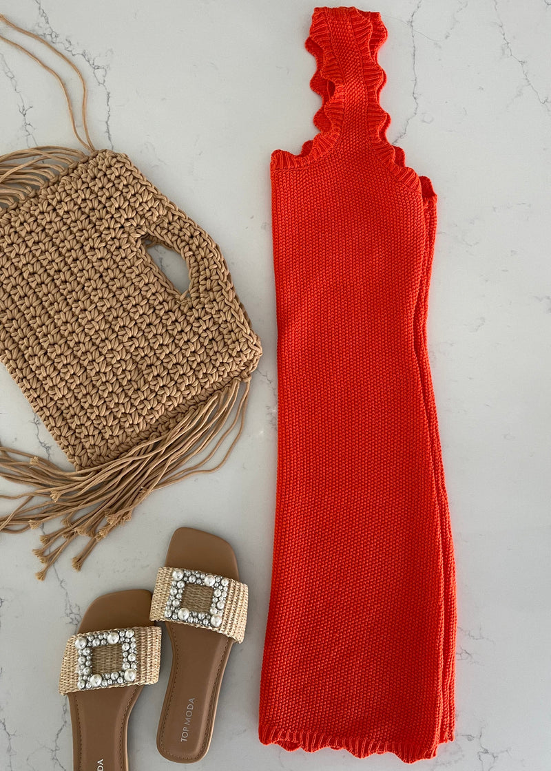 Tangerine Knit Scalloped Tank Dress