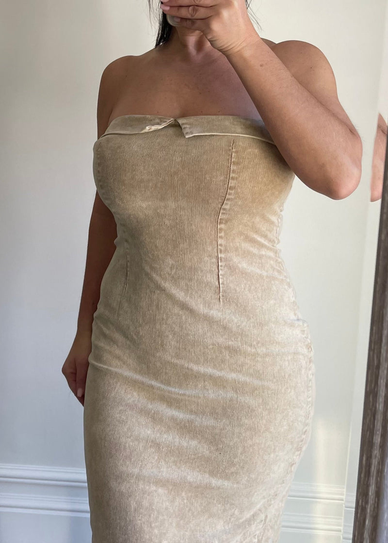 Oat Corduroy Strapless Midi Dress Be the Aura Oat Corduroy Strapless Midi Dress Be the Aura