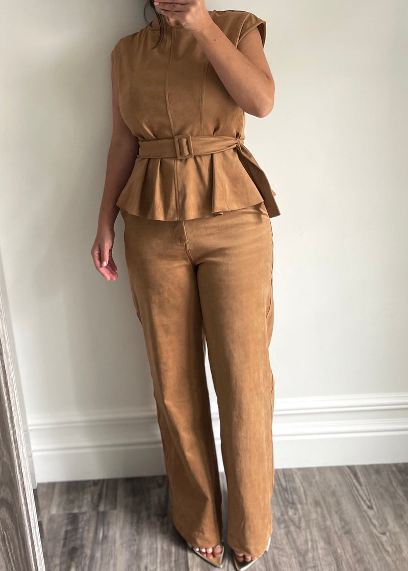 Camel Sueded Wide Leg Pant