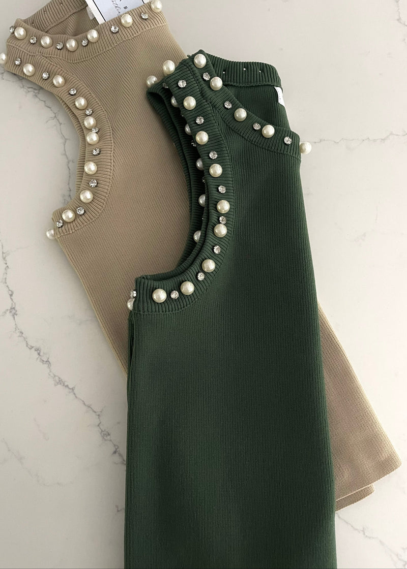 Olive Embellished Pearl Tank