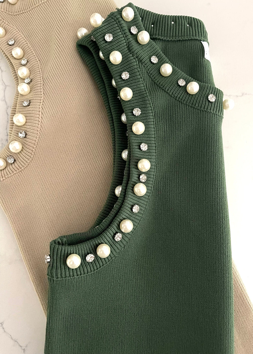 Olive Embellished Pearl Tank