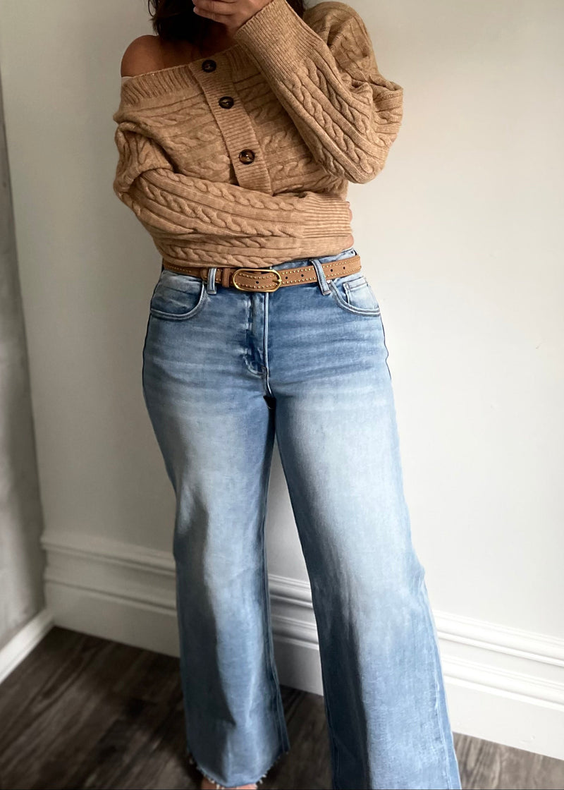 Camel Off Shoulder Botton Front Sweater