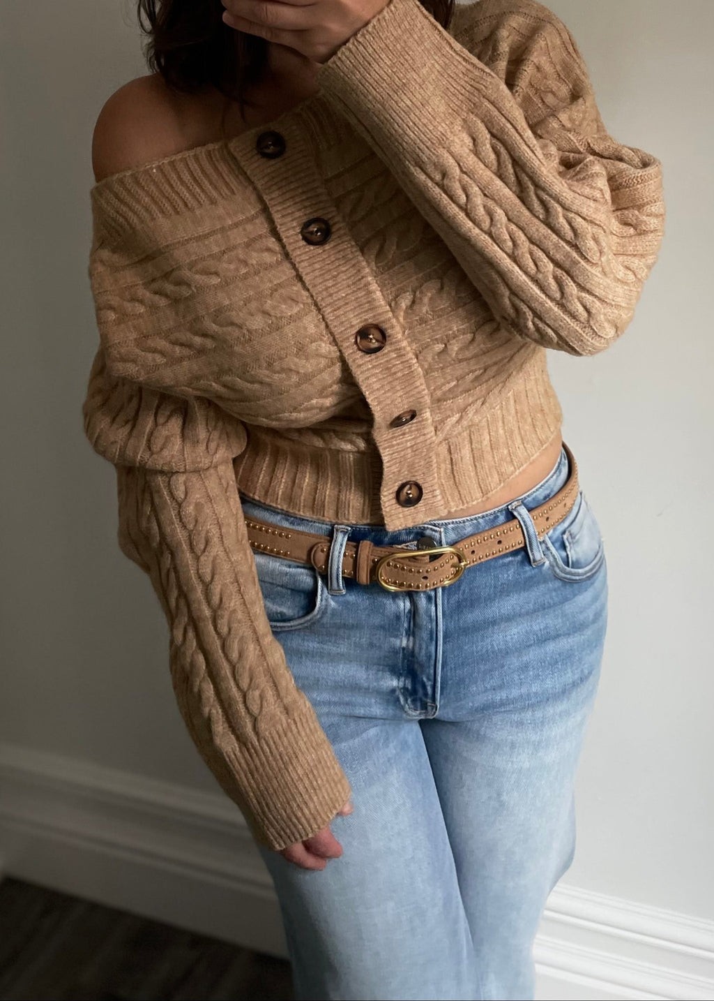 Camel Off Shoulder Botton Front Sweater