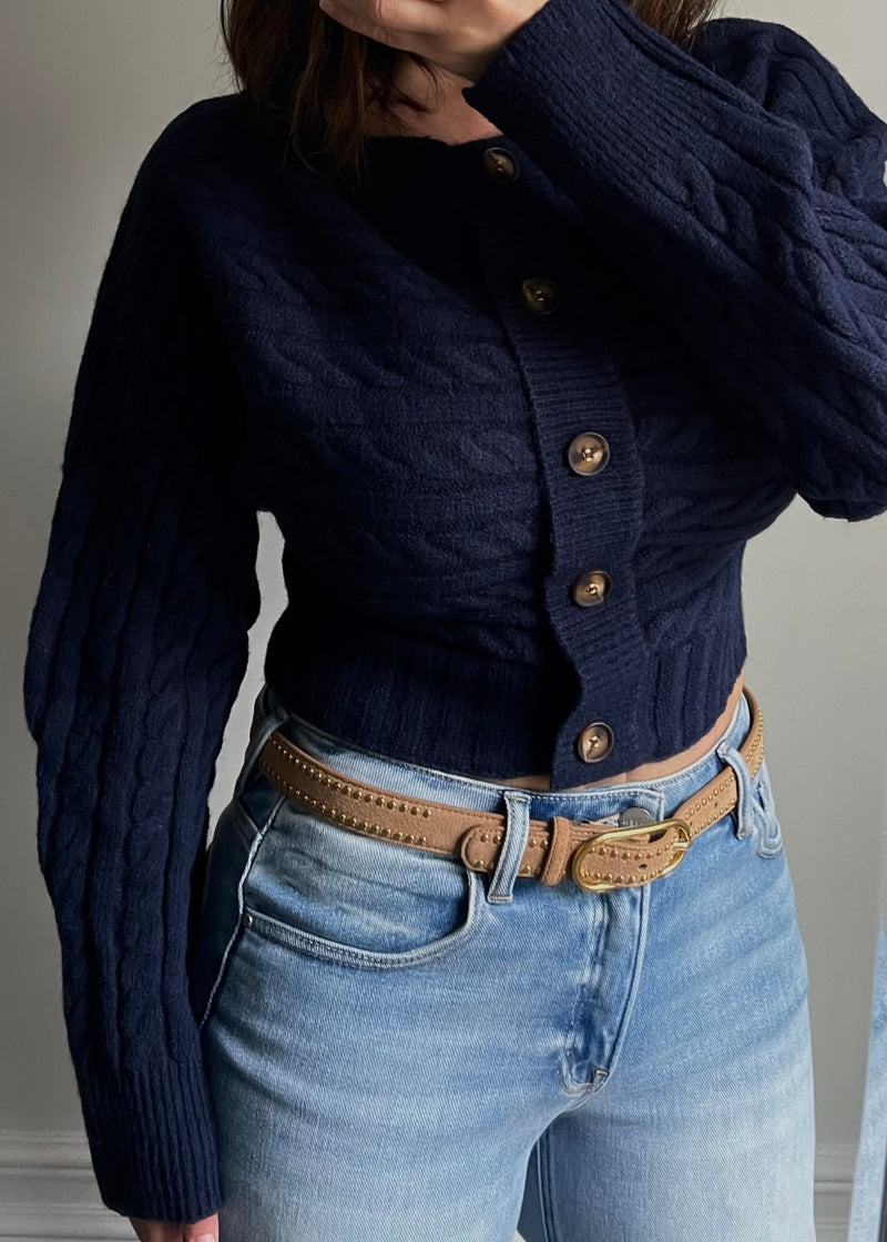 Navy Off Shoulder Botton Front Sweater
