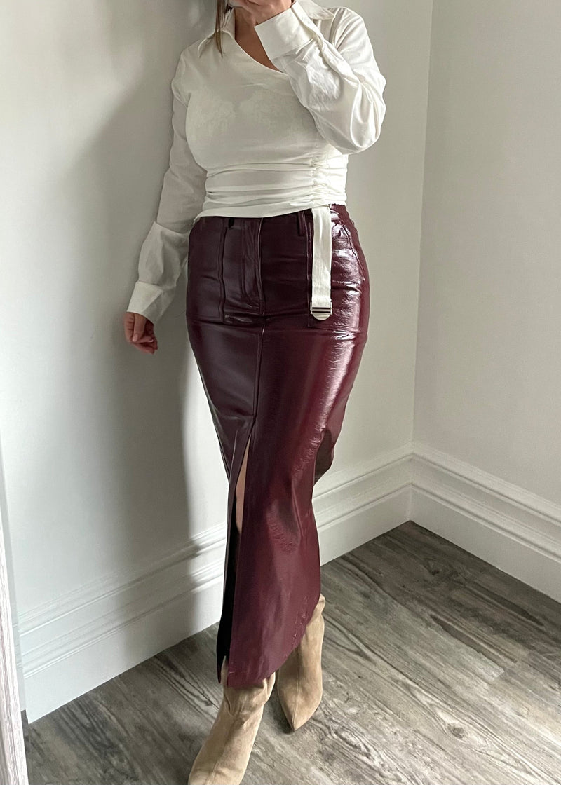 Burgundy Patent Midi Skirt