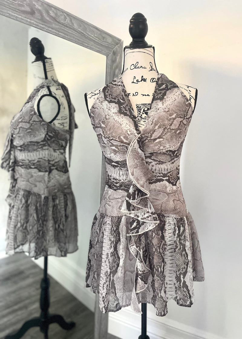 Mocha Ruffled Snake Print Halter Dress