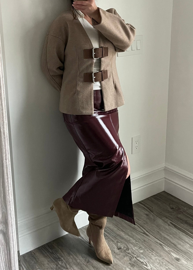 Burgundy Patent Midi Skirt