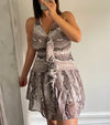 Mocha Ruffled Snake Print Halter Dress