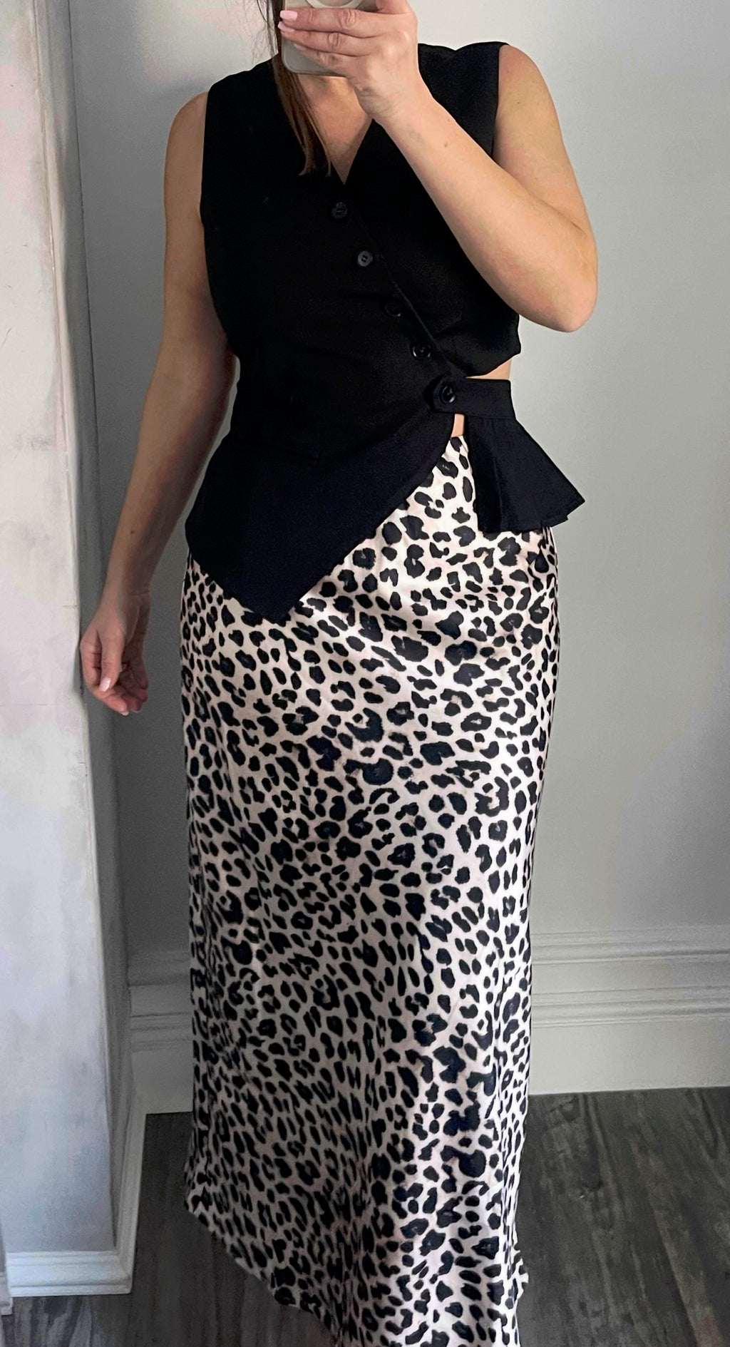 Black Leopard  Satin Midi Skirt