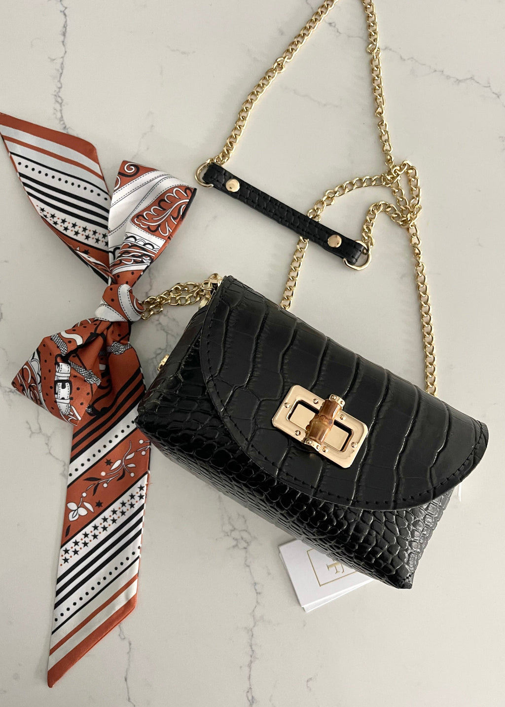 Black Italian Leather Croc Crossbody