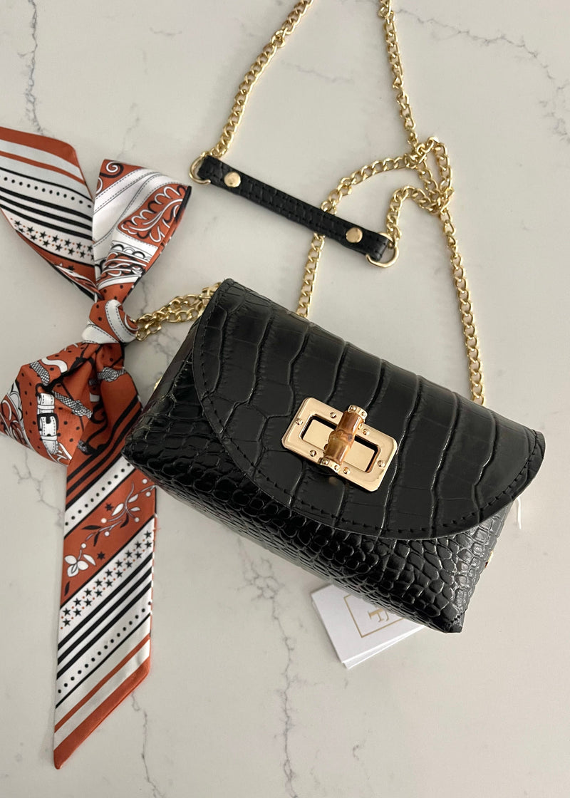 Black Italian Leather Croc Crossbody