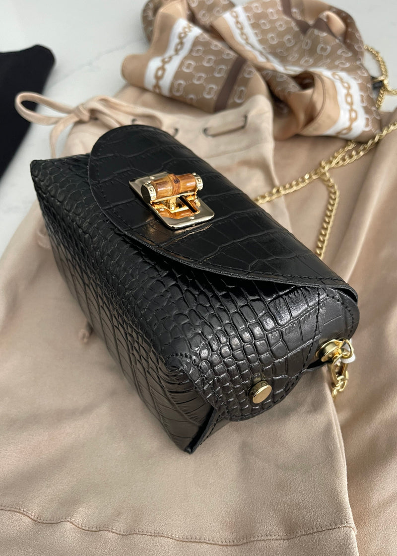 Black Italian Leather Croc Crossbody