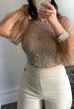 Champagne Puff Sleeve Jeweled Top