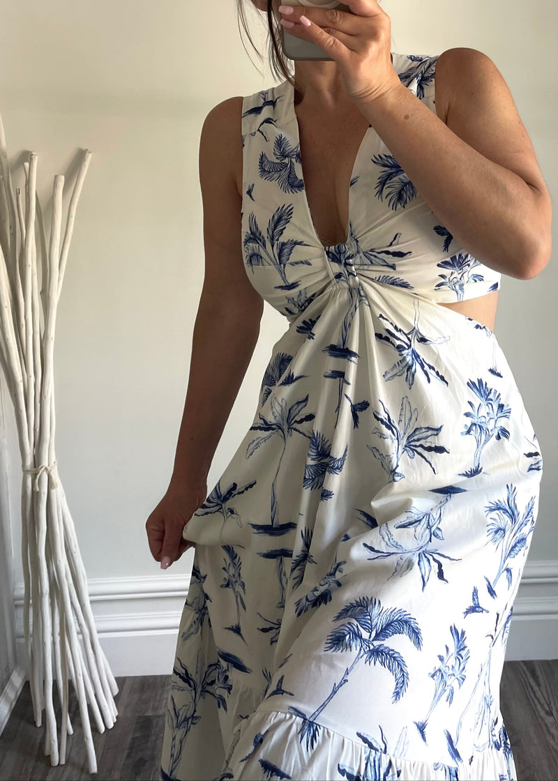 Navy Palm Plunging Cutout Maxi Dress