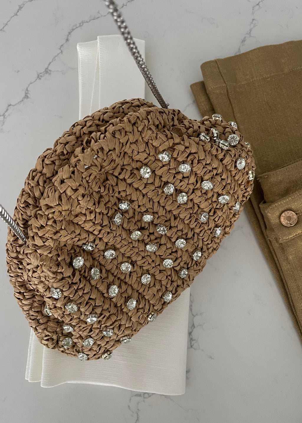 Camel Straw Rhinestone Clutch