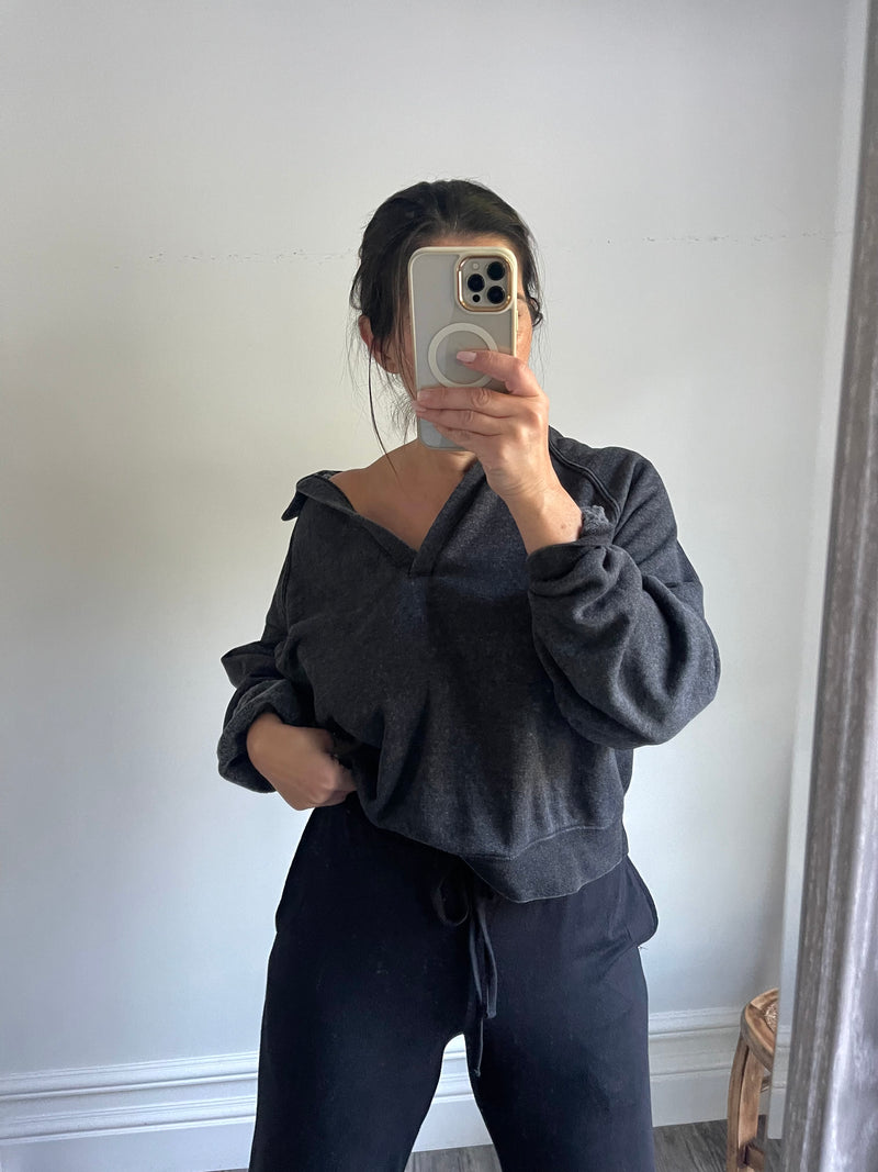 Black Vintage Wash Loungewear V Collar Top