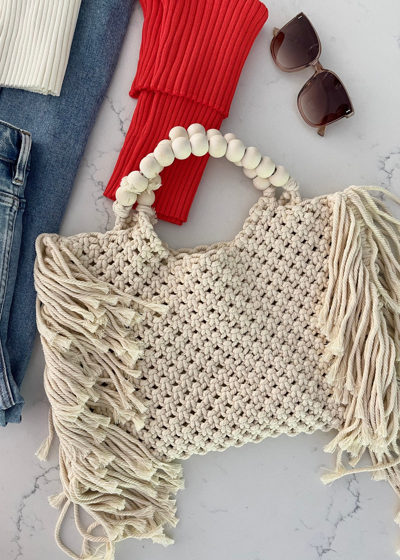 Oat Fringe Tote Wooden Beaded Handle