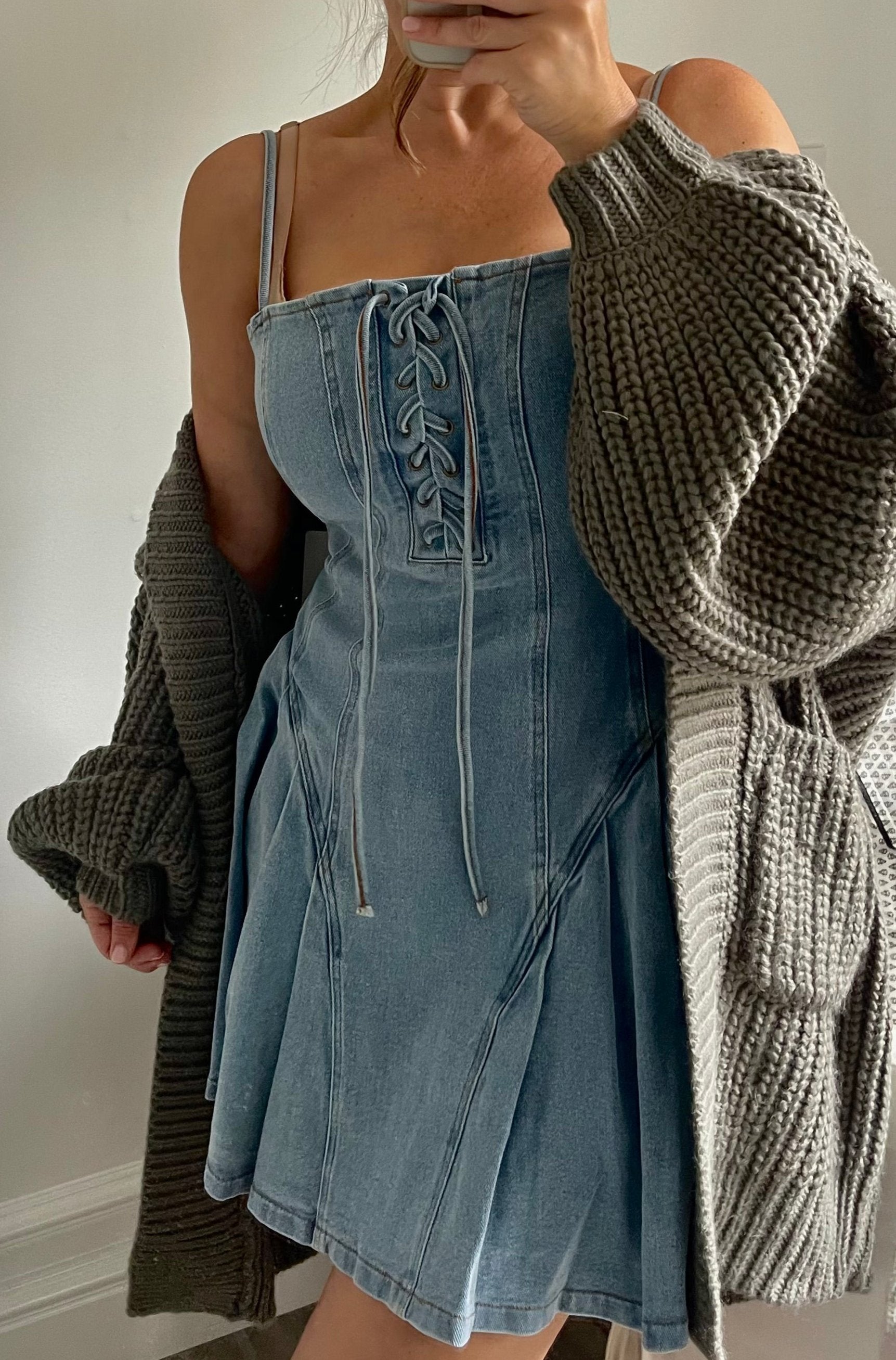 Denim Lace Up Dress Be the Aura Denim Lace Up Dress Be the Aura