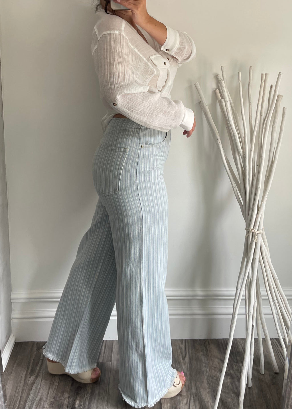 Blue Pinstriped Wide Leg Denim