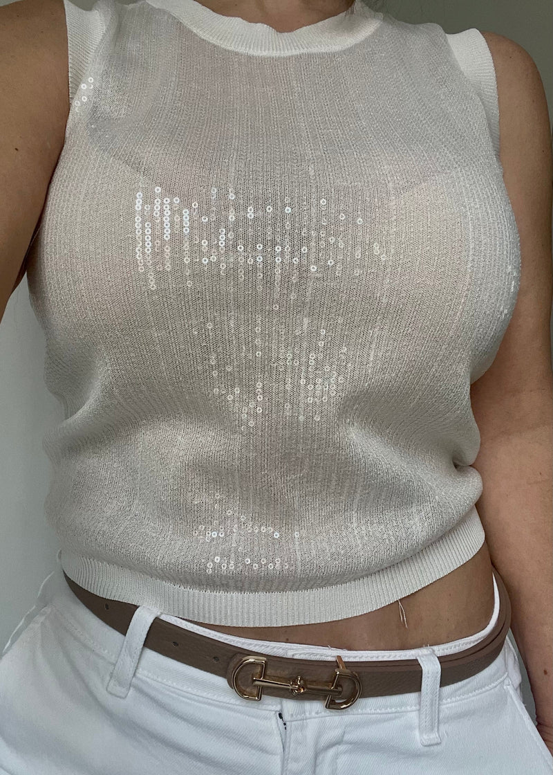 White Paris Sequin Sheer Tank