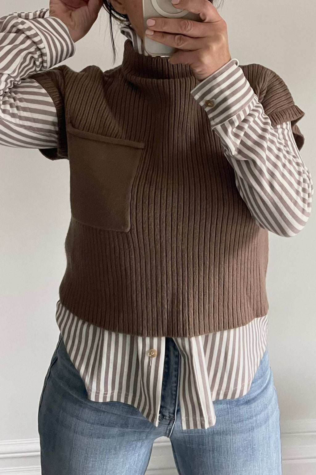 Mocha Pinstripe Collared Top