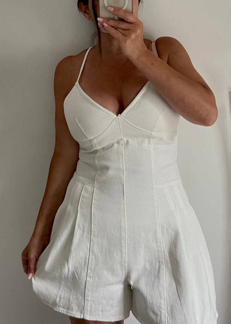 White Denim Plunge Romper