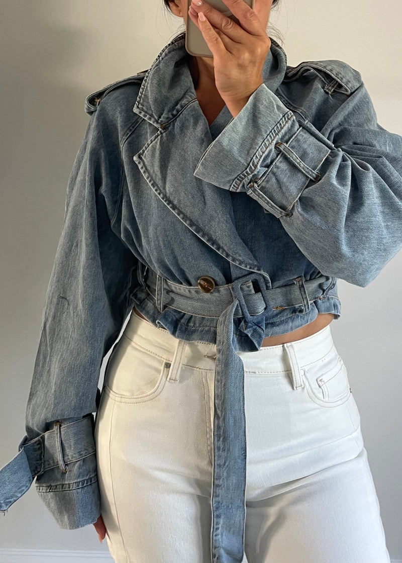 Blue Denim Crop Trench Coat