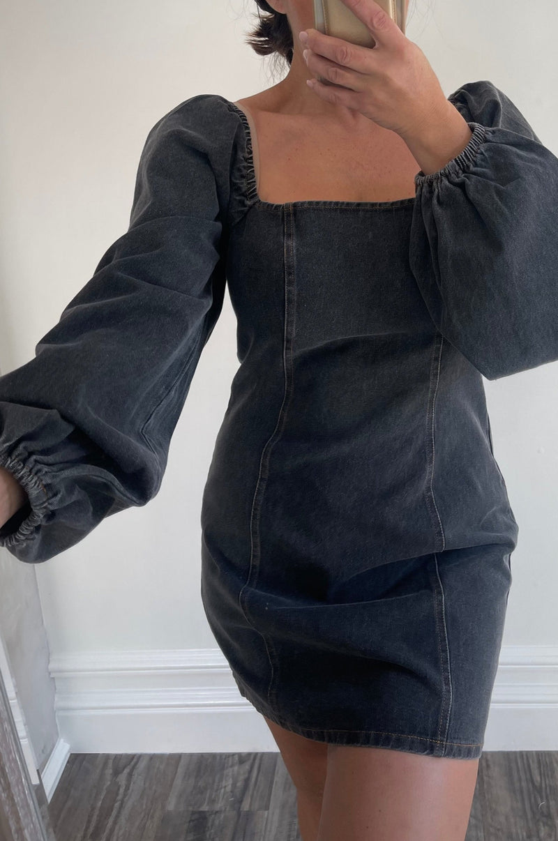 Black Denim Puff Sleeve Dress