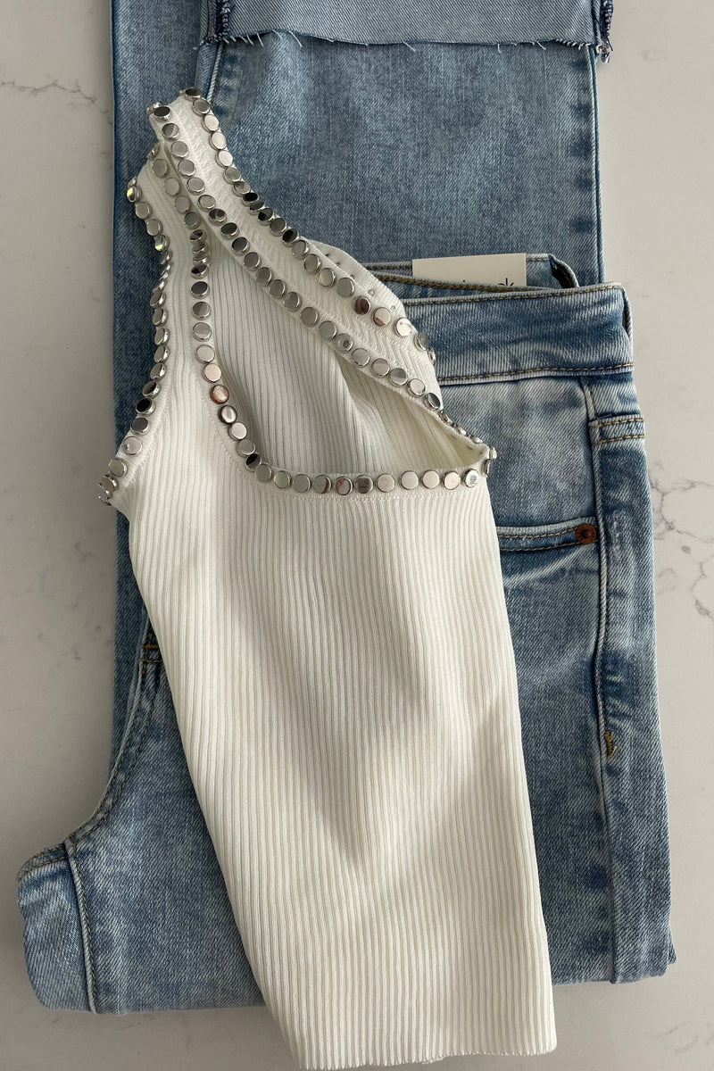 White One Shoulder Studded Crop