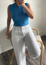 White & Blue Pinstripe Linen Dress Pant