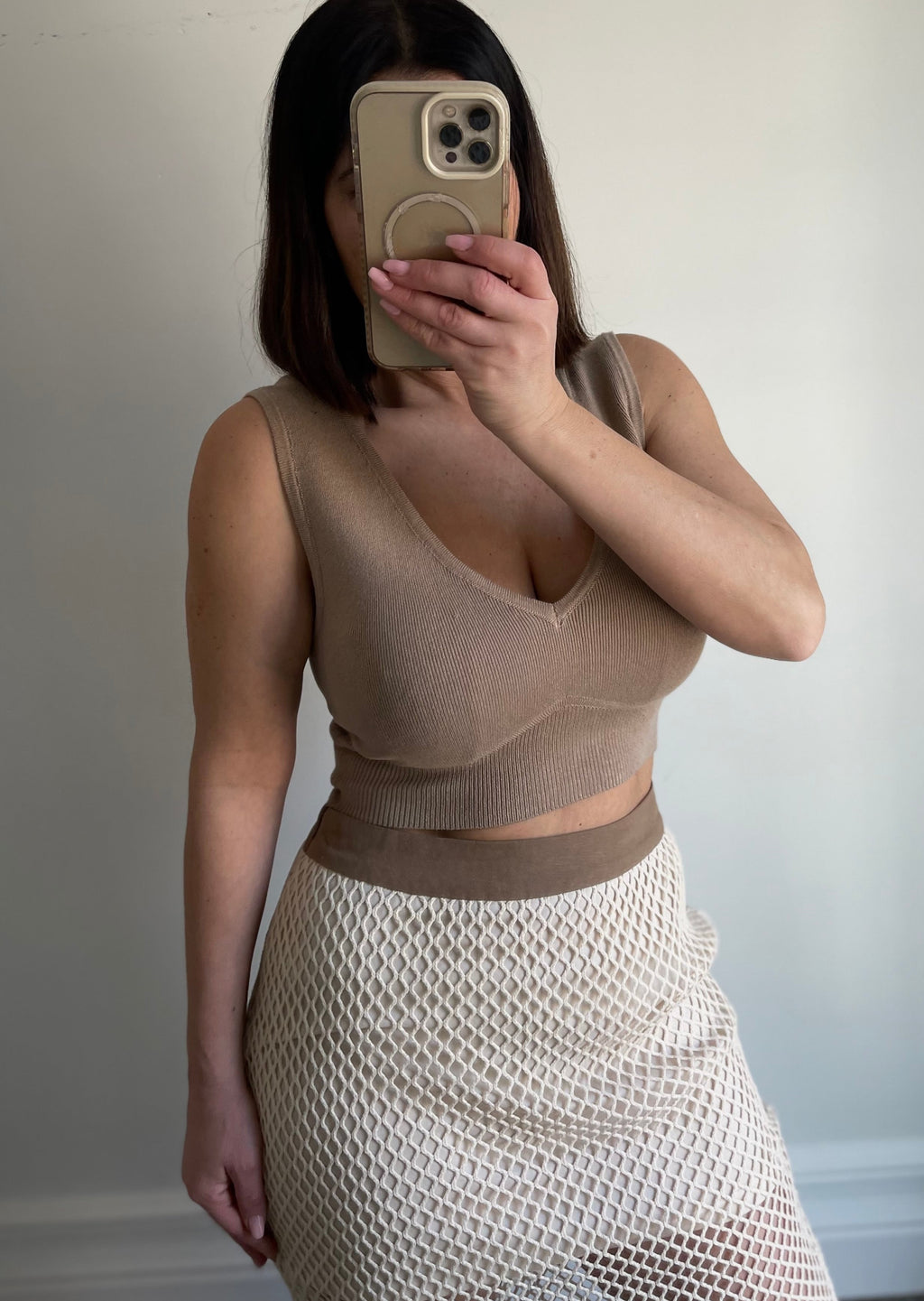 Taupe Netted Midi Skirt