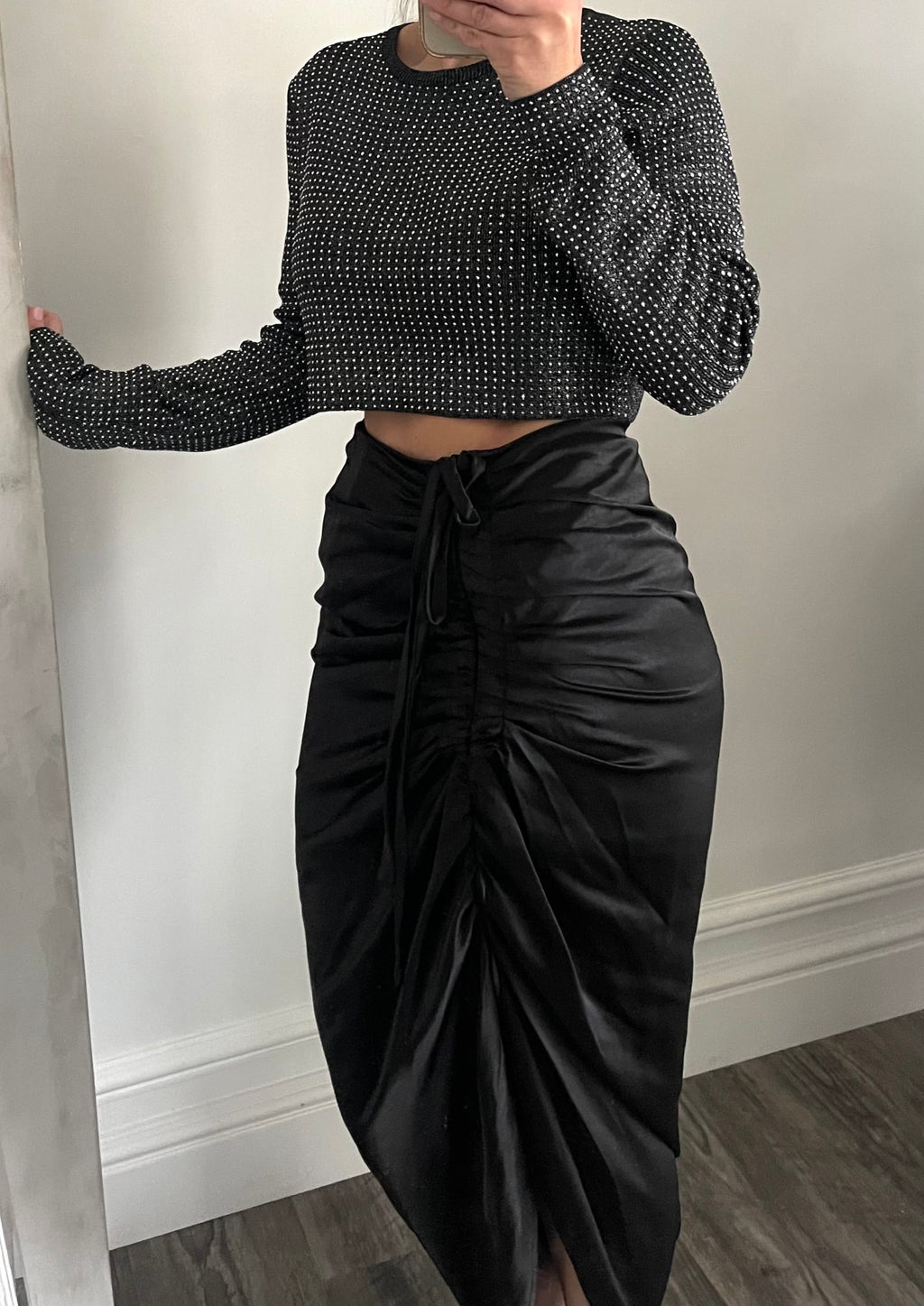 Black Silky Ruched Midi Skirt