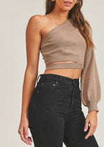 Taupe Off Shoulder Cut to Sweater Top