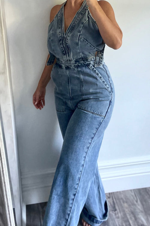 Denim Cross Back Hipster Jumpsuit