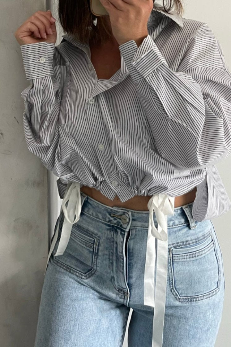 White and Black Pinstripe Slit Sides Button Down