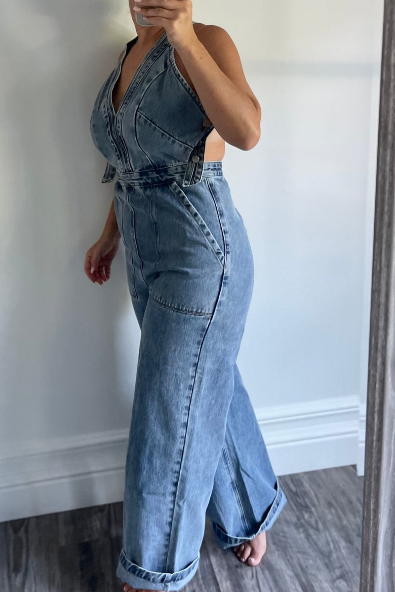 Denim Cross Back Hipster Jumpsuit