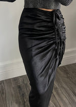 Black Silky Ruched Midi Skirt